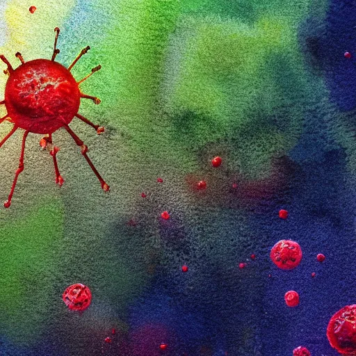 Image similar to antibodies and viruses floating through the air. watercolor. high resolution. highly realistic. cool tones. close - up. 8 k. trending on artstation.