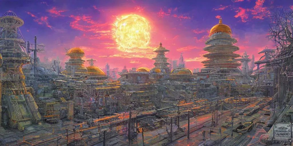 Image similar to fusion reactor, wonderous and magical, in an urban setting, sunset, by Studio Ghibli, Ivan Shishkin and Greg Rukowski