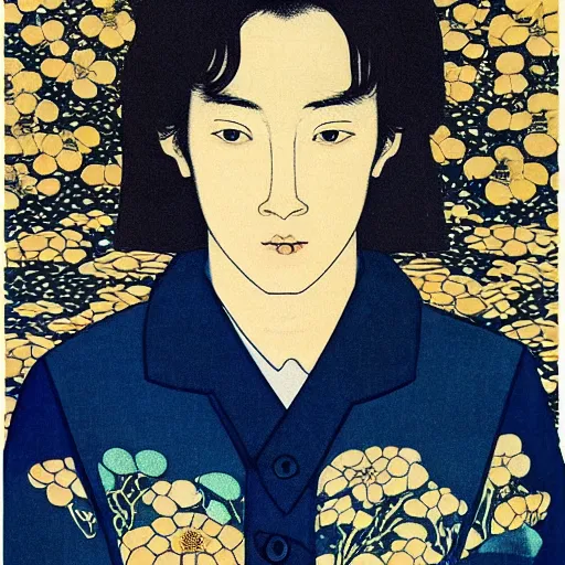 Image similar to “ matthew smith portrait by ikenaga yasunari and ayana otake and ko rakusui, 6 0 s poster, drawing, realistic, sharp focus, japanese, dreamy, nostalgia, faded, golden hues, floral clothes, porcelain skin ”