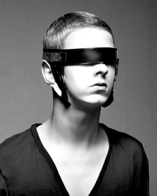 Prompt: young eminem wearing a futuristic mechanical helmet with amber eye reflective lenses, and full body armor.