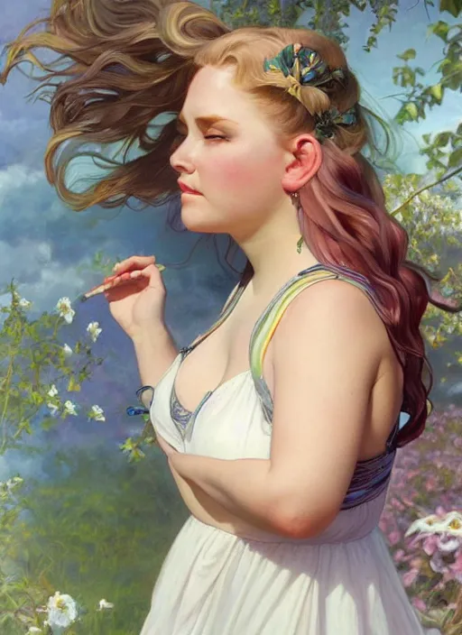 Image similar to a chubby white woman with pointed ears, wearing a white sundress, rainbow pastel clouds for hair, realistic painting by ross tran and gerald brom and alphonse mucha, artgerm, trending on artstation