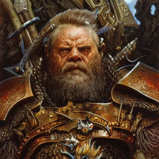 Prompt: art by donato giancola and bayard wu and gustav moreau and wayne barlowe, a fantasy cinematic close up shot of a dwarf berserker, warhammer, dnd, last stand