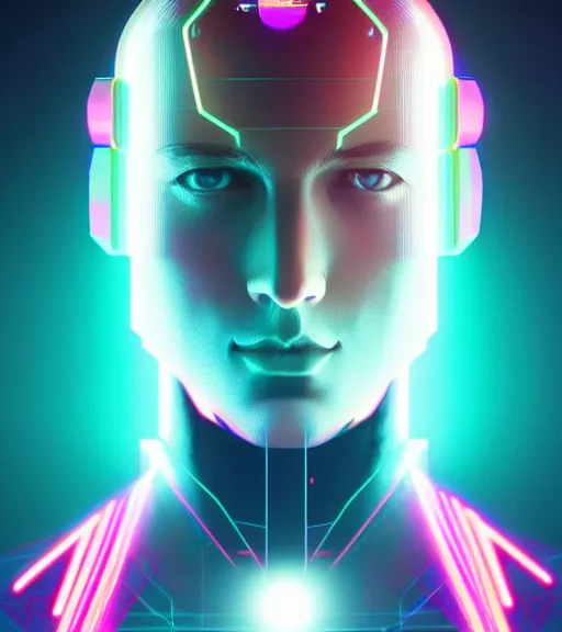 Image similar to symmetry!! caucasian prince of technology, solid cube of light, hard edges, product render retro - futuristic poster scifi, lasers and neon circuits, handsome caucasian prince, intricate, elegant, highly detailed, digital painting, artstation, concept art, smooth, sharp focus, illustration, dreamlike, art by artgerm