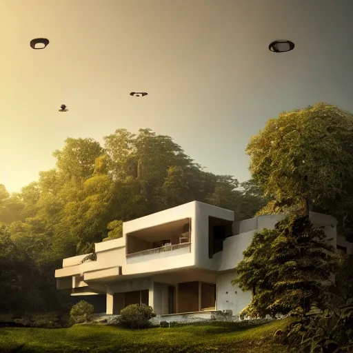 Image similar to beige rectangular house built around big central garden, on a hill surrounded by big trees, dramatic lighting, artstation, matte painting, raphael lacoste, simon stalenhag, frank lloyd wright, zaha hadid, drone view