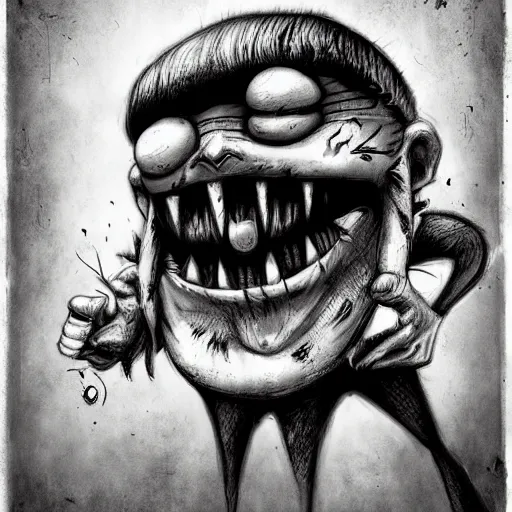 Prompt: grunge cartoon sketch of a human monster mix with a wide smile by - michael karcz, loony toons style, horror theme, detailed, elegant, intricate