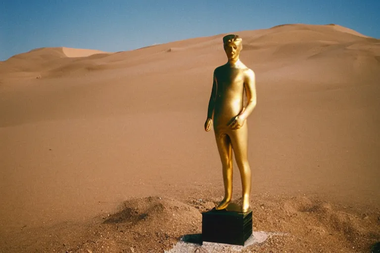 Image similar to Golden statue of Yung Lean in the middle of the Gobi Desert, award-winning photo, 35mm film