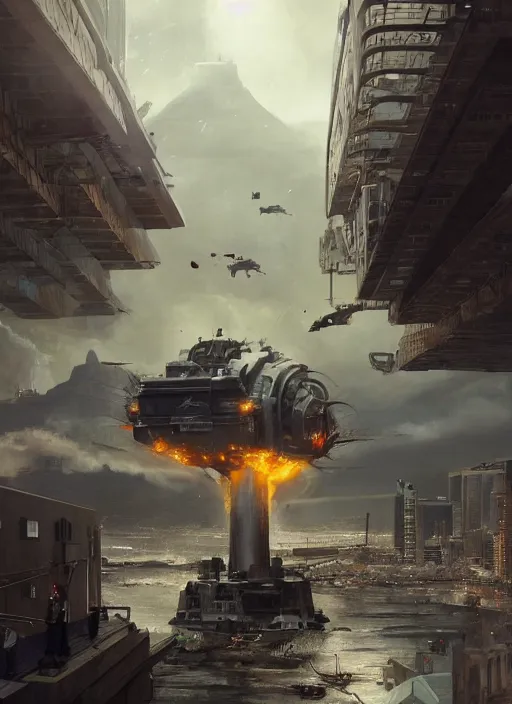 Prompt: hyper realistic squid robot attacking cape town city, table mountain explosions, atmospheric beautiful details, strong composition painted by kim jung giu weta studio rutkowski, james gurney and greg rutkowski, and lucasfilm