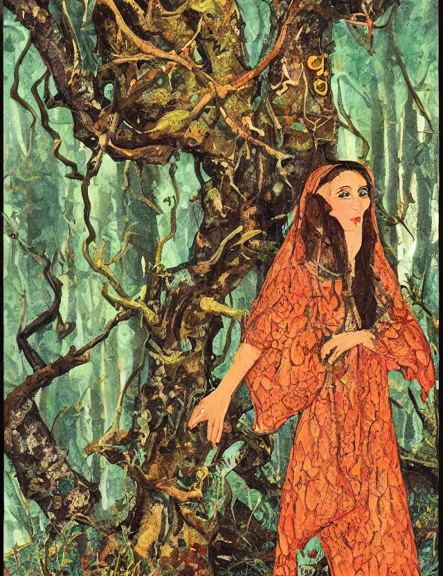 Prompt: middle eastern queen of the lichen woods. this heavily stylized oil painting by the beloved children's book illustrator has an interesting color scheme, plenty of details and impeccable lighting.