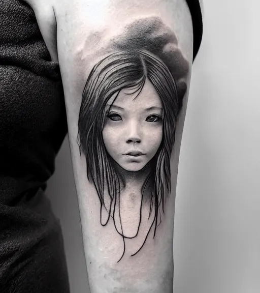 Image similar to a beautiful girl portrait faded in a mountain scenery, realism tattoo, in the style of den yakovlev, black and white, hyper realistic, highly detailed