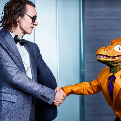 Prompt: professional photograph of the joker shaking hands with a suit-wearing anthropomorphic T-Rex in an office building, detailed, 8k,