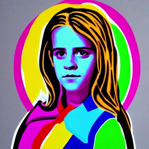 Prompt: rainbow emma watson age 1 3 as hermione. pop art.