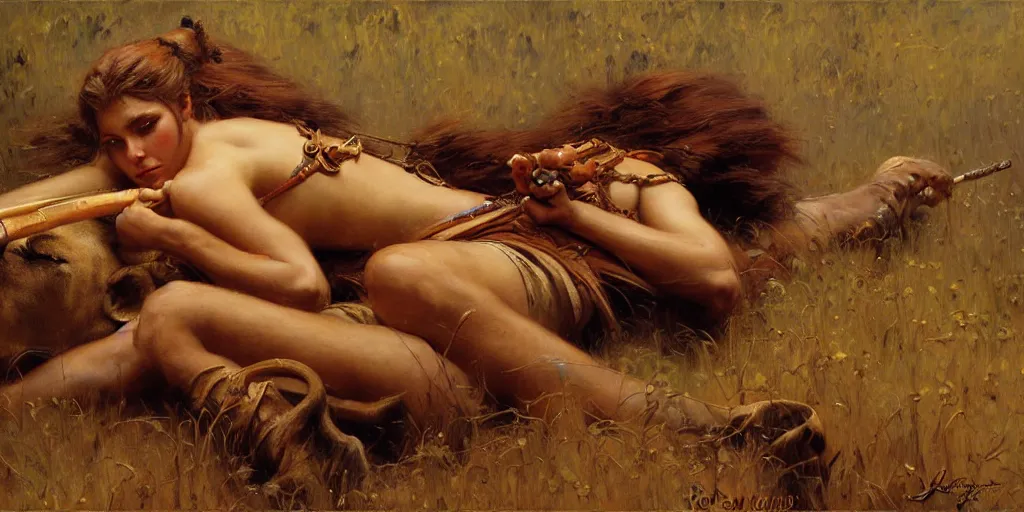 Prompt: an exhausted lion hunter girl. highly detailed painting by gaston bussiere, craig mullins, j. c. leyendecker 8 k