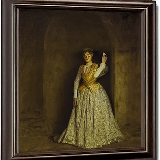 Image similar to theatre actress in the catacombs, by alfred stevens