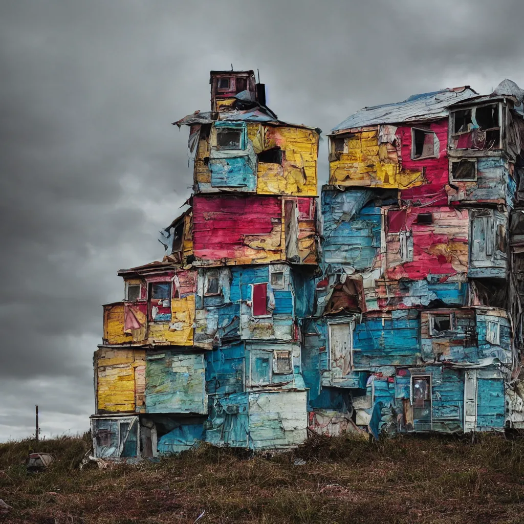 Prompt: close - up view of a tower made up of colourful makeshift squatter shacks, bleached colours, moody cloudy sky, dystopia, mamiya, very detailed, photographed by cristina de middel