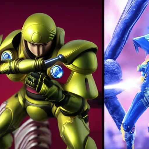 Image similar to samus aran as a ninja vs a metroid as a samurai in 4 k cgi