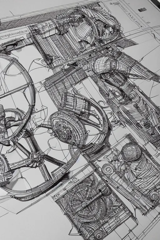 Image similar to A concept of a detailed and intricate design of a mechanical deconstructor 3d design, great finesse organic hyper detailed, engineering blueprints, technical drawings, calculus, stained paper