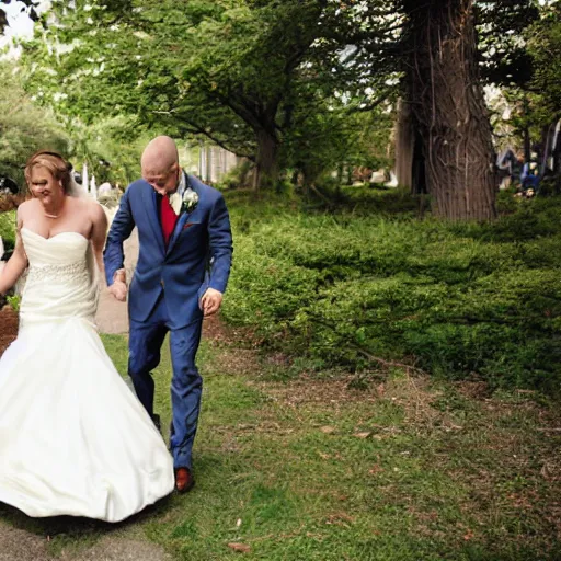 Prompt: wedding picture bride trips on her dress and falls into the wedding cake groom laughing stock photo