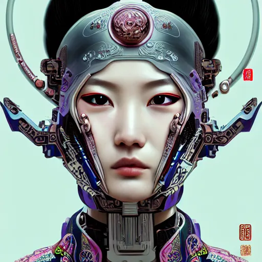 Image similar to a portrait of a female cyberpunk machine, machine face, upper half portrait, decorated with chinese opera motifs, asian, fine china, wuxia, traditional chinese art, intricate, elegant, highly detailed, symmetry, headpiece, digital painting, artstation concept art smooth sharp focus, illustration, art by artgerm and greg rutkowski alphonse mucha 8 k