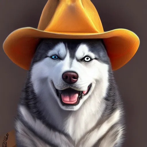 Image similar to a portrait painting of a husky in cowboy costume, wearing a cowboy hat, character design, trending on artstation