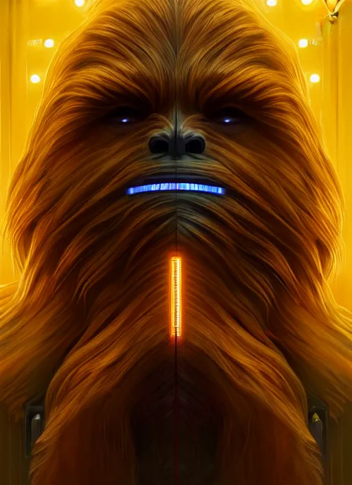 Image similar to symmetry!! portrait of chewbacca, sci - fi robot arm, tech wear, glowing lights!! sci - fi, intricate, elegant, highly detailed, digital painting, artstation, concept art, smooth, sharp focus, illustration, art by artgerm and greg rutkowski and alphonse mucha