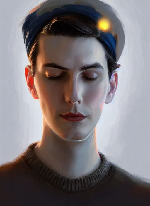 Prompt: portrait of jughead jones, wearing a light grey crown, eyes closed, intricate, elegant, glowing lights, highly detailed, digital painting, artstation, concept art, smooth, sharp focus, illustration, art by wlop, mars ravelo and greg rutkowski