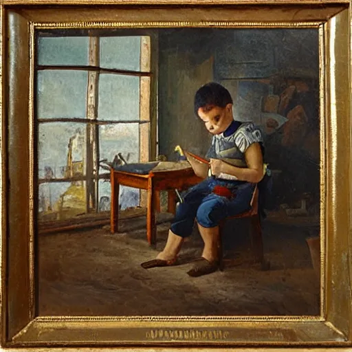 Image similar to A boy sitting on a chair and painting a factory on a canvas,