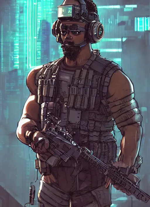 Prompt: Dangerous Tojo. buff Samoan cyberpunk mercenary wearing a cyberpunk tactical headset and military vest. AR-15. square face. Realistic Proportions. Concept art by James Gurney and Laurie Greasley. Moody Industrial skyline. ArtstationHQ. Creative character design for cyberpunk 2077.