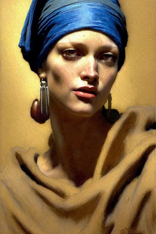 Image similar to full character portrait fallout character not the girl with the pearl earring character design, painting by gaston bussiere, katsuya terada, nc wyeth, greg rutkowski, craig mullins, vermeer, frank frazetta, mucha, tom of finland, trending on artstation, jeffery catherine jones