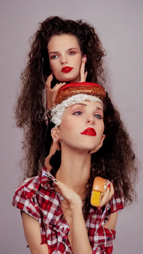 Prompt: 9 0 s fashion photoshoot with a woman dressed as a burger