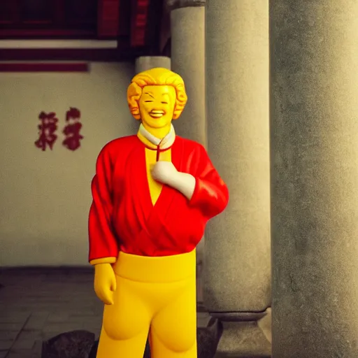 Image similar to ronald mcdonald contemplating the dawn of a new day inside an asian temple