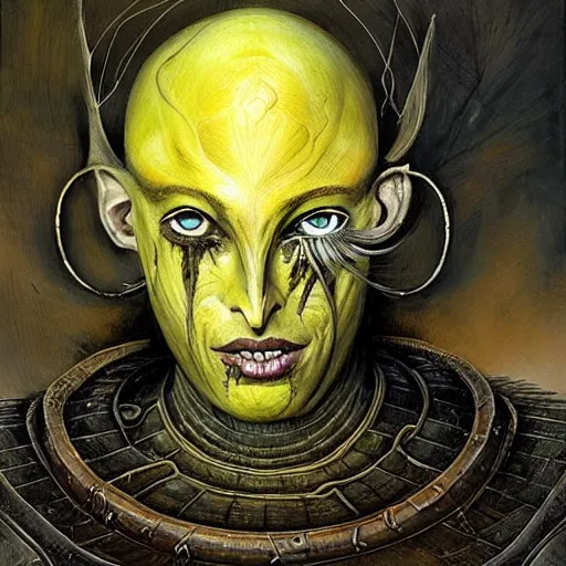 Prompt: ( ( ( head and shoulders portrait of a gaunt noseless yellow skinned bald githyanki warrior in a breastplate, floating in the astral plane ) ) ), dave mckean, hr giger, peter mohrbacher, d & d, fantasy, medieval