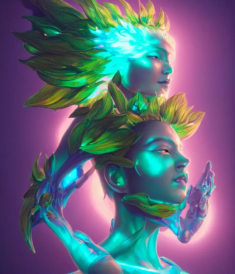 Image similar to iridescent portrait of the sunflower goddess. hard surface modelling. futuristic look. bio luminescent biomechanical halo around her head. neon lighting. artwork by jarold Sng by artgerm, by Eddie Mendoza, by Peter mohrbacher by tooth wu, unreal engine, octane render, cinematic light, high details, iridescent colours, dichroic, macro, 4l