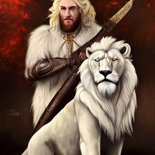 Image similar to an image of Godfrey the first Elden Lord posing with a white lion after the battle, photorealistic, trending on Artstation, digital art