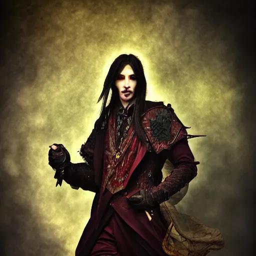 Image similar to portrait of a male human warlock ,fantasy, D&D, HDR, , natural light, medium close shot, dynamic pose, award winning photograph, Mucha style