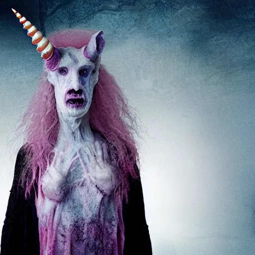 Prompt: b - grade horror film budget production a very strange creature made of cronenberg unicorn