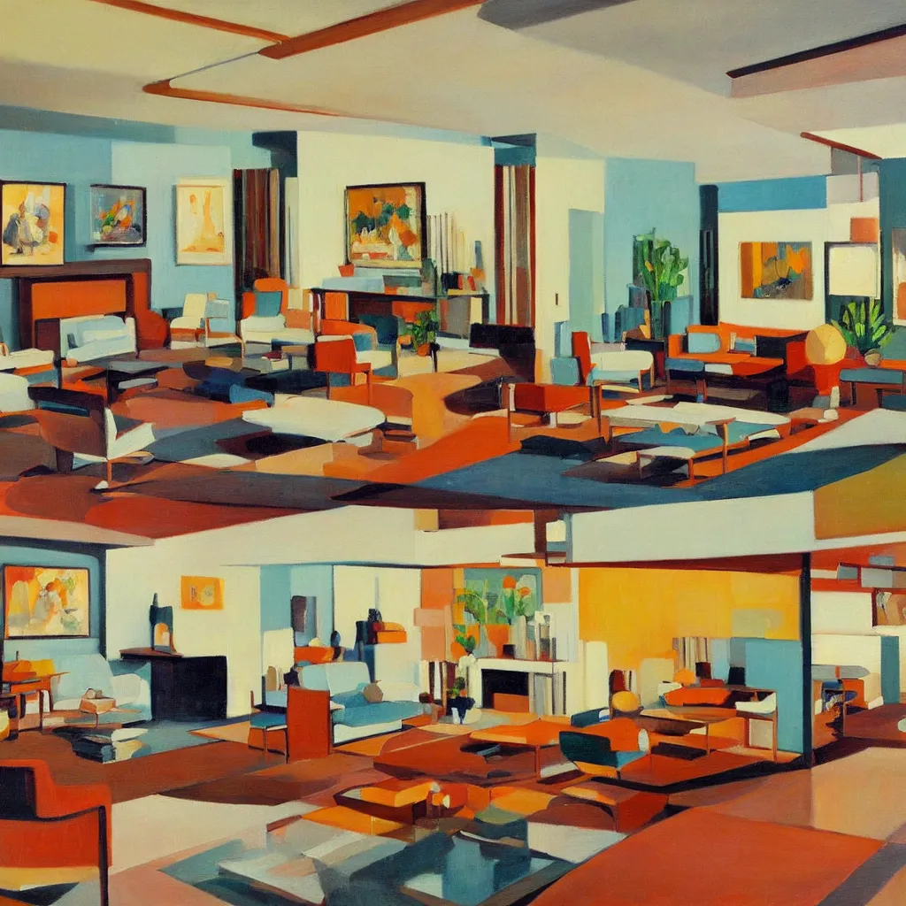 Image similar to an oil painting of the interior of a mid century modern house designed by both frank lloyd right and richard sera in palm springs