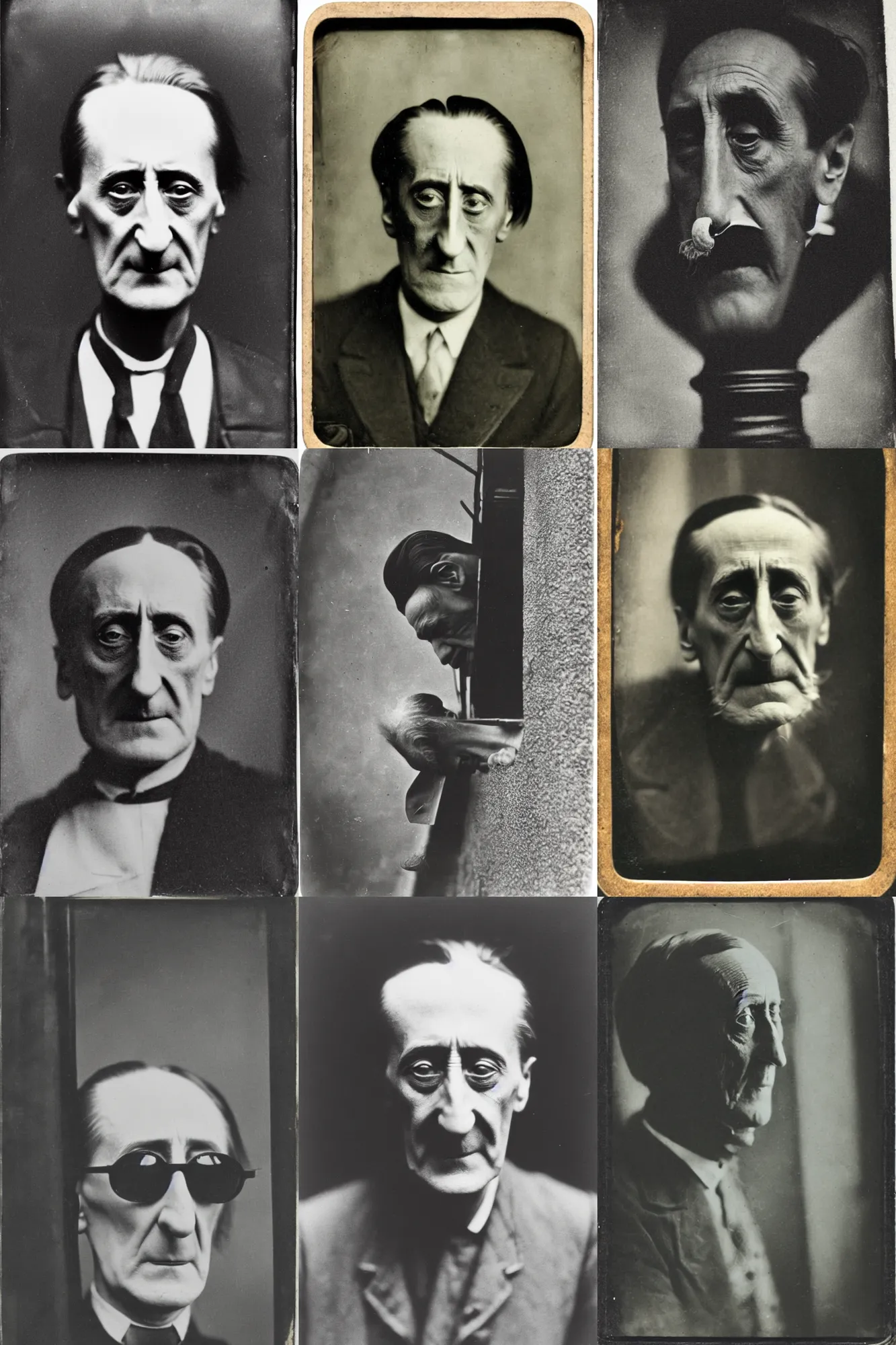 Prompt: tintype portrait of marcel duchamp sticking his head out of a gutter