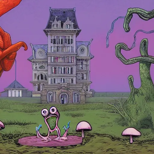 Image similar to A portrait of a scary godlike anthropomorphic frog smoking a cigarette , mansion made of mushrooms in background . award winning. superb resolution. in the art style of junji Ito and greg rutkowski . Detailed Mushroom city in background. Hyper realistic anime. Perfect art. Dalle2