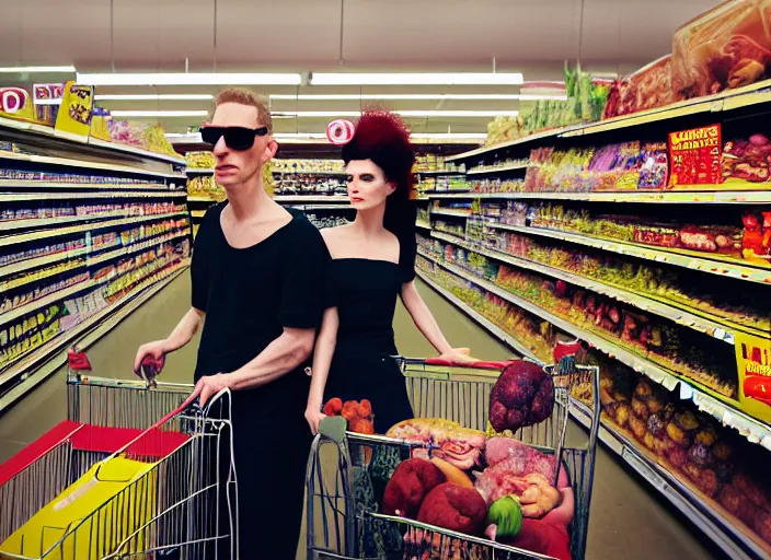 Image similar to 28mm photo of a woman and man in supermarket, in the style of David cronenberg ,scary, weird, high fashion, ID magazine, vogue magazine, homes and garden magazine, surprising, freaky, freak show, realistic, sharp focus, 8k high definition, medium format film photography, photo realistic, insanely detailed, intricate, elegant, art by yoshitaka amano and David kostic and stanley lau and artgerm