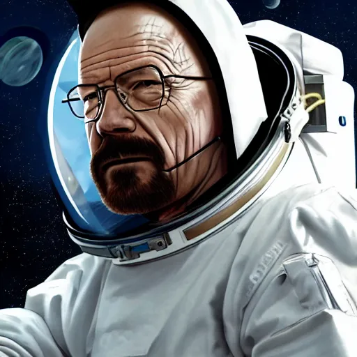 Image similar to Walter white from breaking bad, wearing an astronaut suit in space, dynamic lighting, photorealistic concept art, stunning visuals, creative, cinematic, ultra detailed, trending on art station, detailed