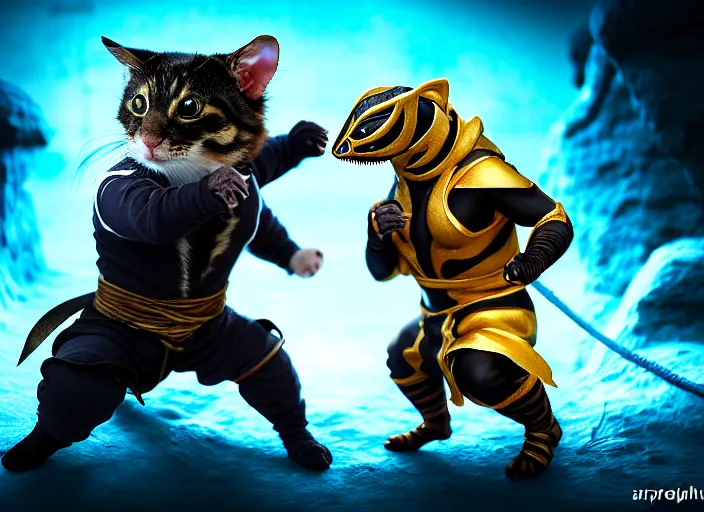 Image similar to hamster dressed as sub zero fights a cat dressed as scorpion in mortal kombat on the background of a laughing shao khan. fantasy magic style. highly detailed 8 k. intricate. lifelike. soft light. sony a 7 r iv 5 5 mm. unreal engine with nanite and path tracing