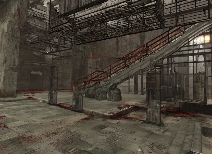 Prompt: wire, grate, iron, pipes, steam, fans, stairs, rust horror darkness, destroyed, highs detailed, unreal engine