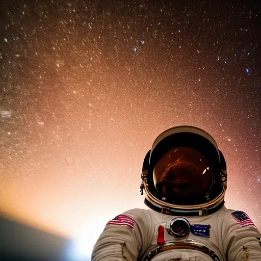 Image similar to photograph of an astronaut against the pitch black darkness of space, full body photo, lit from below, amazing light and shadow contrast,, 8 k