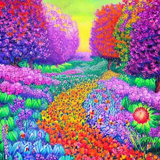 Prompt: An epic painting of an infinite flower garden