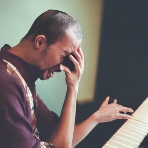 Image similar to a crying musician is shouting at a mobile phone while playing piano, professional photography