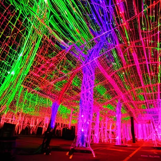 Image similar to a jungle made of wires cables and fiber optics, vines made of glowing wires and cords, electronic inorganic jungle, luminescent