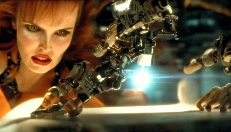 Image similar to perpetual motion machine intense moment, cinematic stillframe, dramatic lighting, The fifth element, vintage robotics, starring Geena Davis