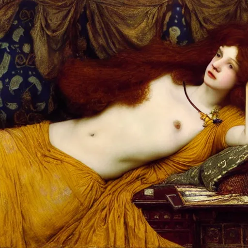 Image similar to preraphaelite photography reclining on bed, a hybrid of judy garland and a hybrid of madame de sevigne and eleanor of aquitaine, aged 2 5, big brown fringe, yellow ochre ornate medieval dress, john william waterhouse, kilian eng, rosetti, john everett millais, william holman hunt, william morris, 4 k