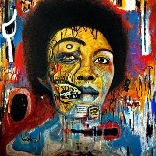 Prompt: beautiful sunrise oil painting by klimt and graffiti by Jean-Michel Basquiat in airbrush by H.R. Giger