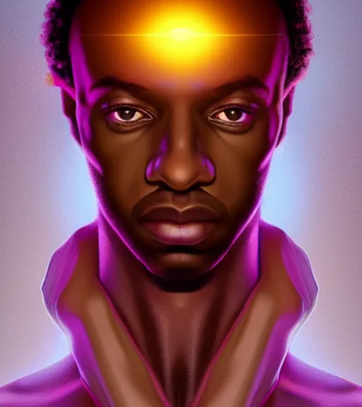 Image similar to symmetry!! african prince of technology, solid cube of light, hard edges, product render retro - futuristic poster scifi, lasers and neon circuits, brown skin man african prince, intricate, elegant, highly detailed, digital painting, artstation, concept art, smooth, sharp focus, illustration, dreamlike, art by artgerm